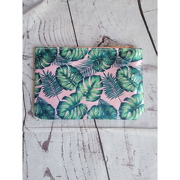 Ipsy Glam Bag August 2022 pink makeup bag with palm leaves design and leaf charm - Picture 2 of 5